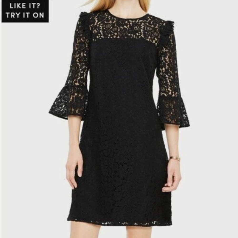 ANN TAYLOR Black Lace Illusion Sheer Ruffle Shoulder 3/4 Bell Sleeve Dress 4